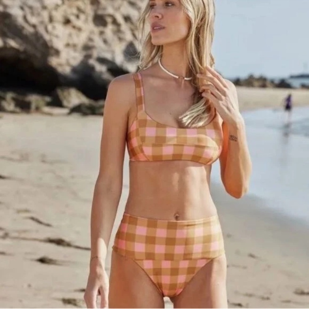 L* Space Gingham Pink and Brown Checkered High-Waisted Bikini Bottom